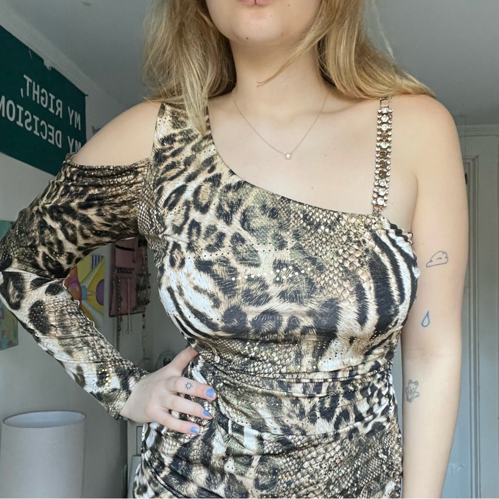 Asymmetrical cheetah print body con dress